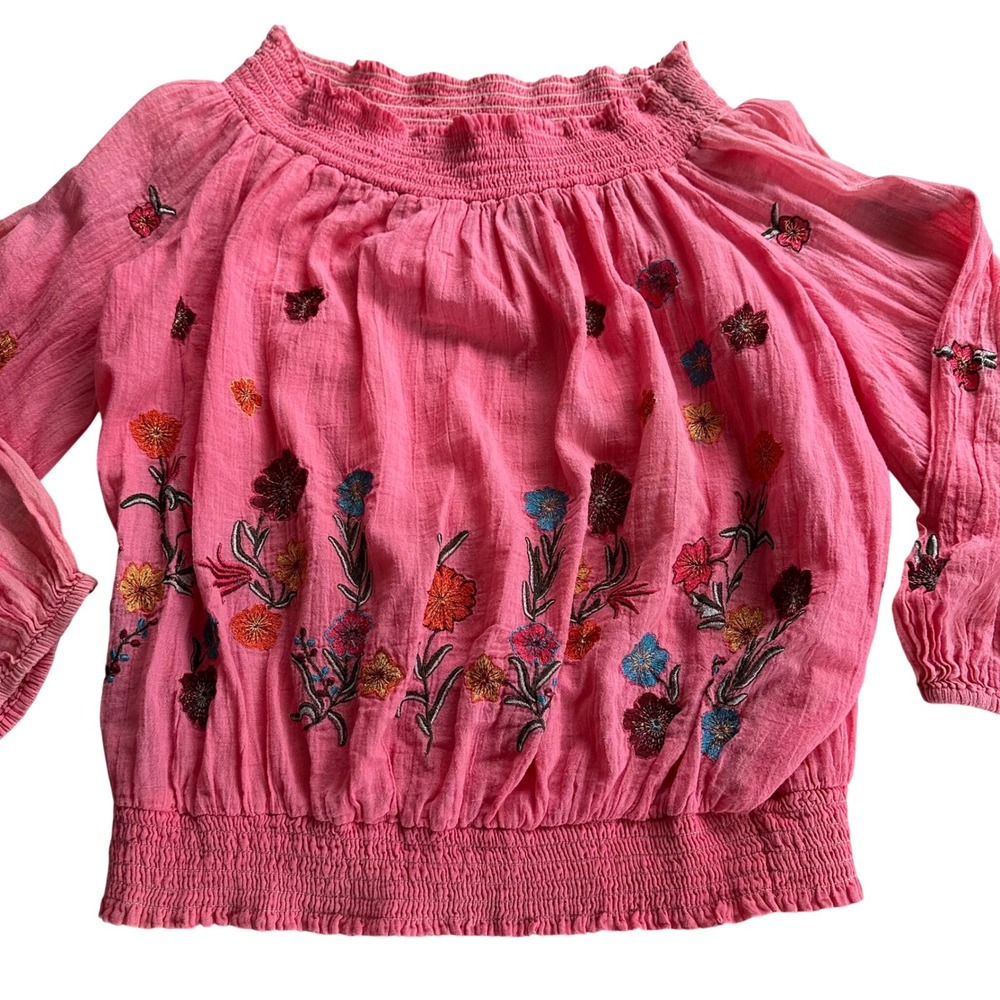 Aratta Silent Journey Pinkโ Embroidered Floral Off Shoulder Gauze Blouse Small